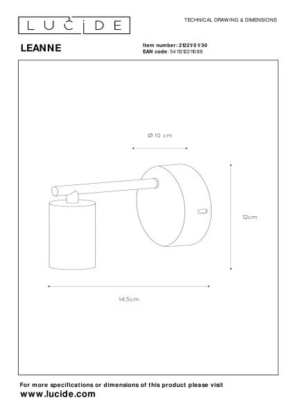 Lucide LEANNE - Wandlamp - 1xE27 - Zwart - technisch